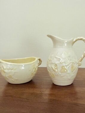 Belleek Vintage Ivy Pattern Creamer & Sugar Set 4th Green Mark 1946-1955
